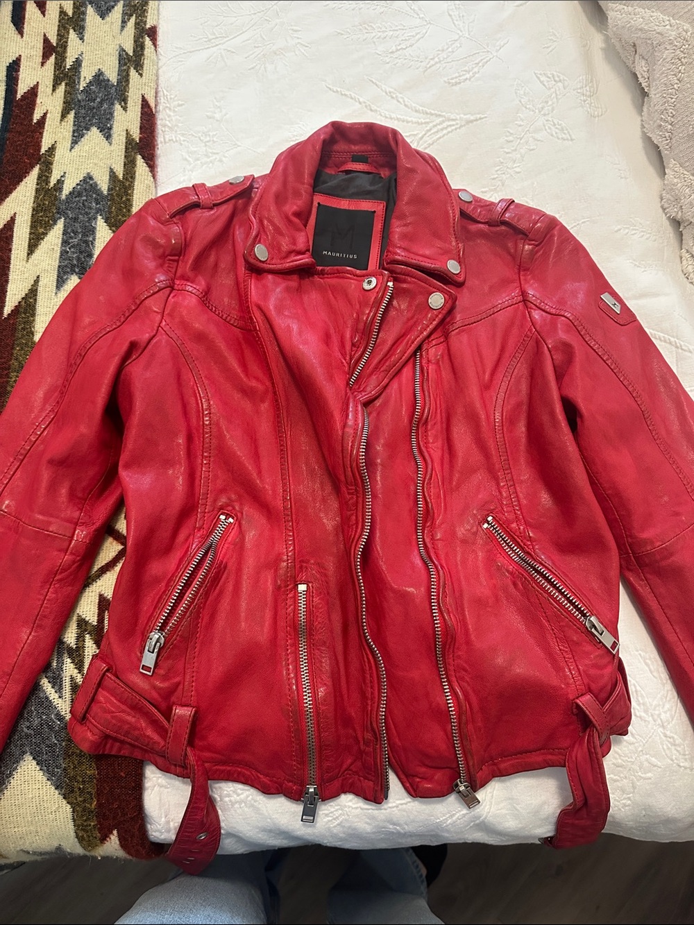 Madeline Red Leather Moto Jacket with Silver Hardware